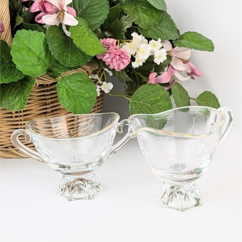 Vintage Fostoria Gold-Rimmed Sugar Bowl and Creamer 60s MCM Service Coffee Tea
